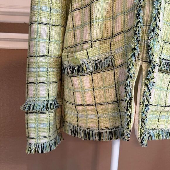 St. John Collection Size 10 Boucle Tweed Zip Up Jacket Green Fringe Plaid Preppy - Picture 2 of 10